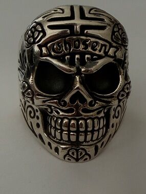 King Baby Studio Sterling Silver Sugar Skull Ring with Chosen cross